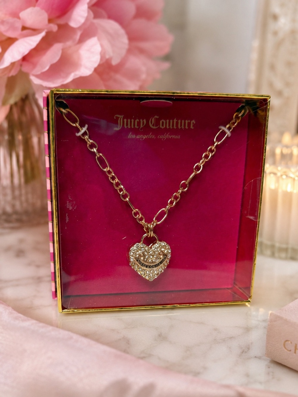 NIB Juicy Couture Gold Tone Rhinestone Heart Charm Necklace w/ Original Gift Box